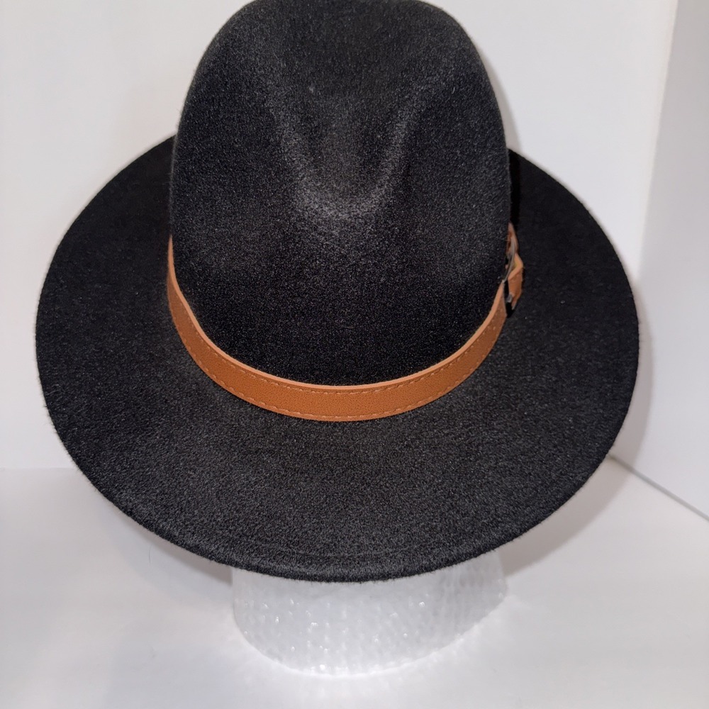 Pengcheng Womens Fedora Trilby Hat Camel Wool Blend Buckle Black Boho One Size